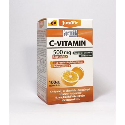 JutaVit C-vitamin 500mg 100 db-os narancs ízű rágótabletta C-vitamint, D3-vitamint és csipkebogyó kivonatot tartalmazó étrend-kiegészítő készítmény édesítőszerekkel.