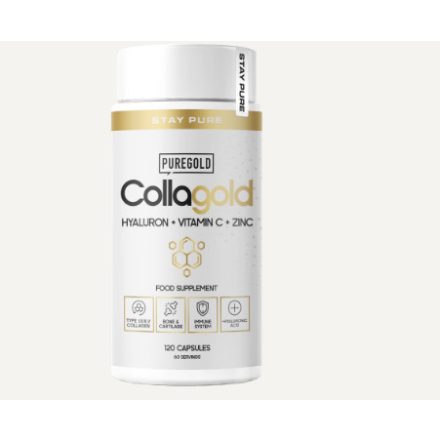 PURE GOLD CollaGold Étrend-kiegészítő kapszula hidrolizált marha- és tengeri halkollagénnel, C-vitaminnal, hialuronsavval és cinkkel.